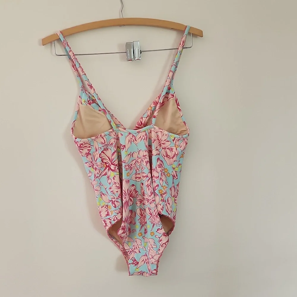 Rosa Ferrer one piece swimsuit pink and turquoise floral bathing suit size 10 - Picture 7 of 9